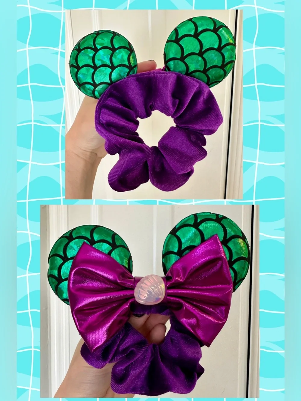 Little Mermaid Minnie Mouse Ears Scrunchie, Purple Velvet Band, Bow, Seashell